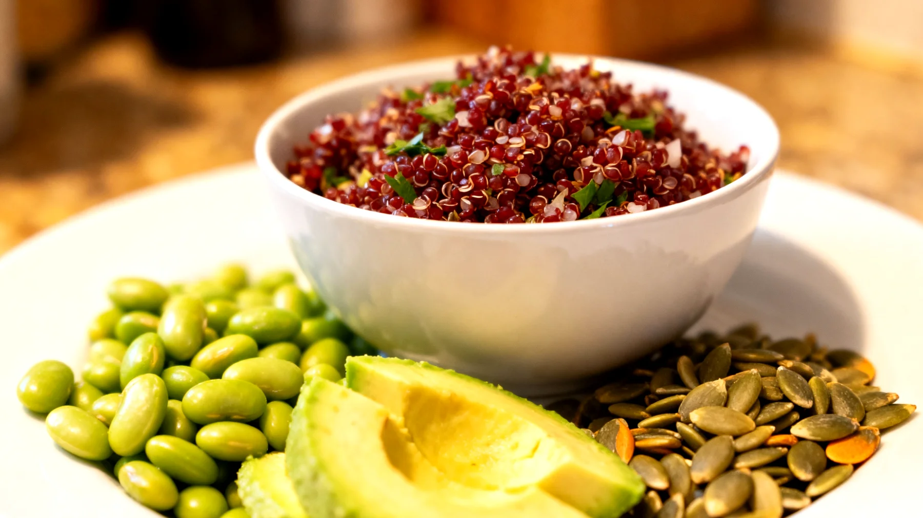 Insalata di quinoa rossa con edamame, avocado e semi di zucca"