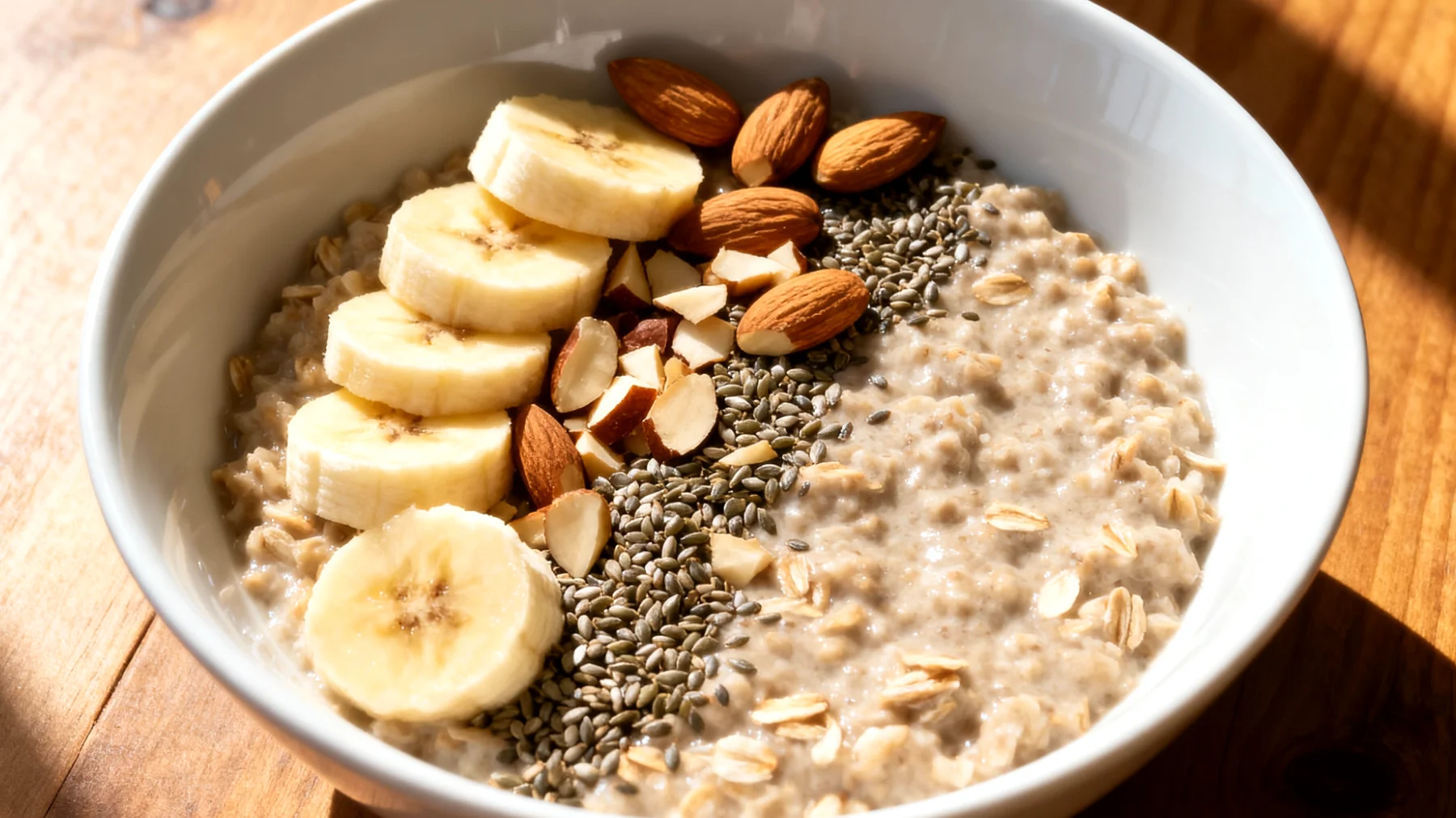 Porridge di avena con semi di canapa, banana e mandorle"