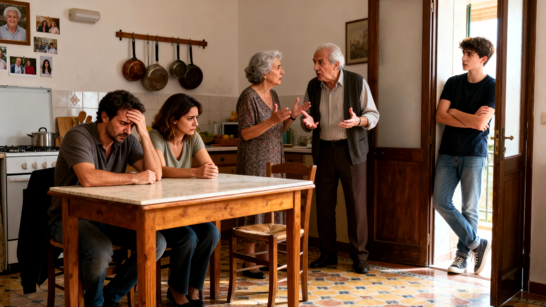 Genitori che affrontano tensioni e disaccordi con la famiglia allargata riguardo alle scelte educative e di vita dei figli giovani adulti, con interferenze continue su decisioni importanti come carriera, relazioni sentimentali e stile di vita"