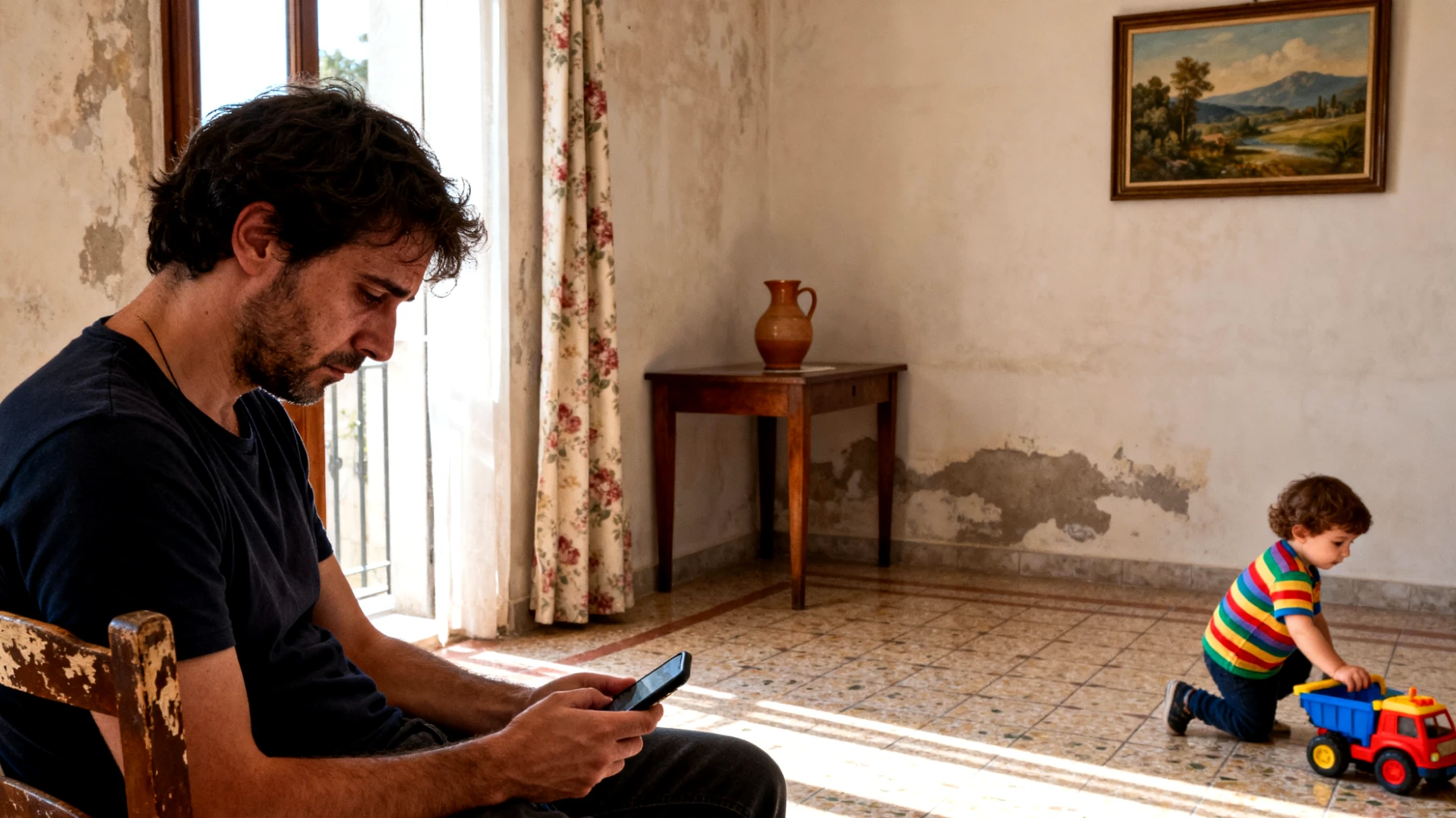 Genitori oberati da impegni lavorativi e domestici che faticano a ritagliare momenti significativi e presenti con i propri bambini, limitandosi spesso a routine frettolosa senza vero ascolto né condivisione emotiva"