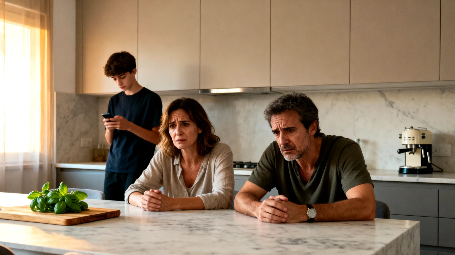 Genitori preoccupati per il futuro dei figli adolescenti, che manifestano ansia riguardo alle scelte scolastiche, professionali e alla capacità dei ragazzi di affrontare le sfide del mondo attuale, con conseguente difficoltà a trovare il giusto equilibrio tra sostegno e pressione"