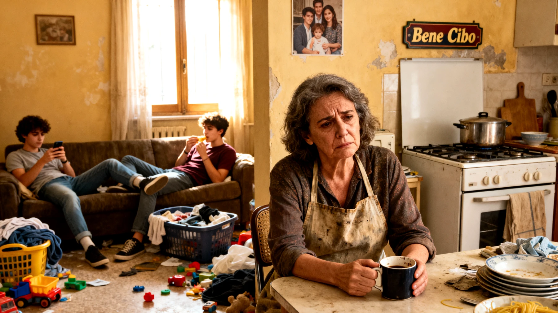 Una mamma fatica a stabilire confini sani con i suoi figli giovani adulti a causa di un atteggiamento eccessivamente permissivo, permettendo comportamenti che ostacolano la loro autonomia responsabile e creando dinamiche di dipendenza emotiva ed economica"