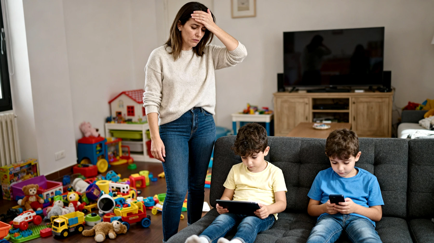 Mamma di bambini piccoli in difficoltà nel gestire l'eccessivo utilizzo di smartphone, tablet e TV da parte dei figli, con conseguenti capricci, ridotta attenzione e conflitti quotidiani al momento di spegnere i dispositivi"