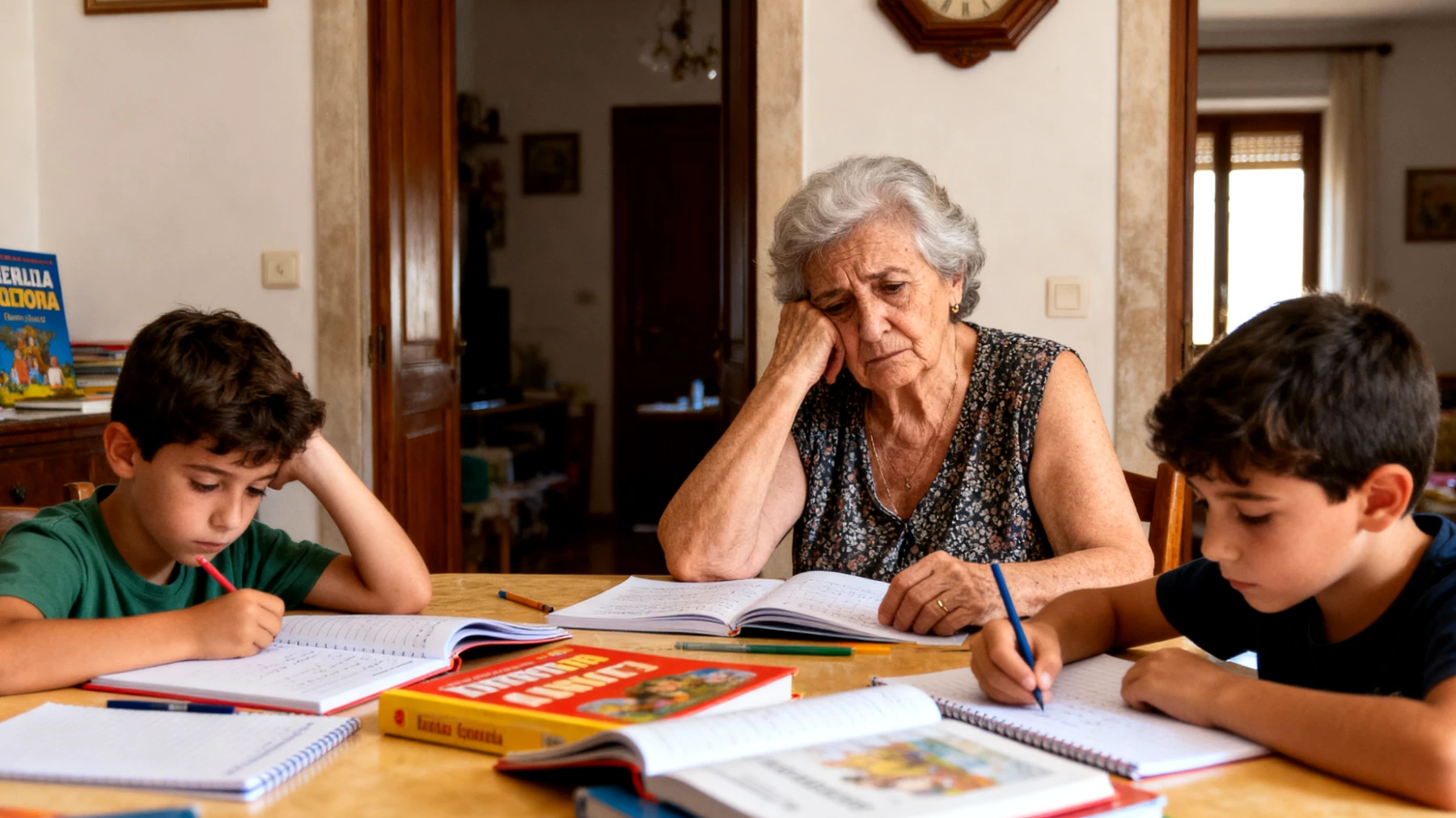 La nonna fatica a motivare i nipoti bambini allo studio e a supportarli nei compiti scolastici, sentendosi inadeguata rispetto ai nuovi metodi didattici e preoccupata per il loro scarso interesse verso l'apprendimento"