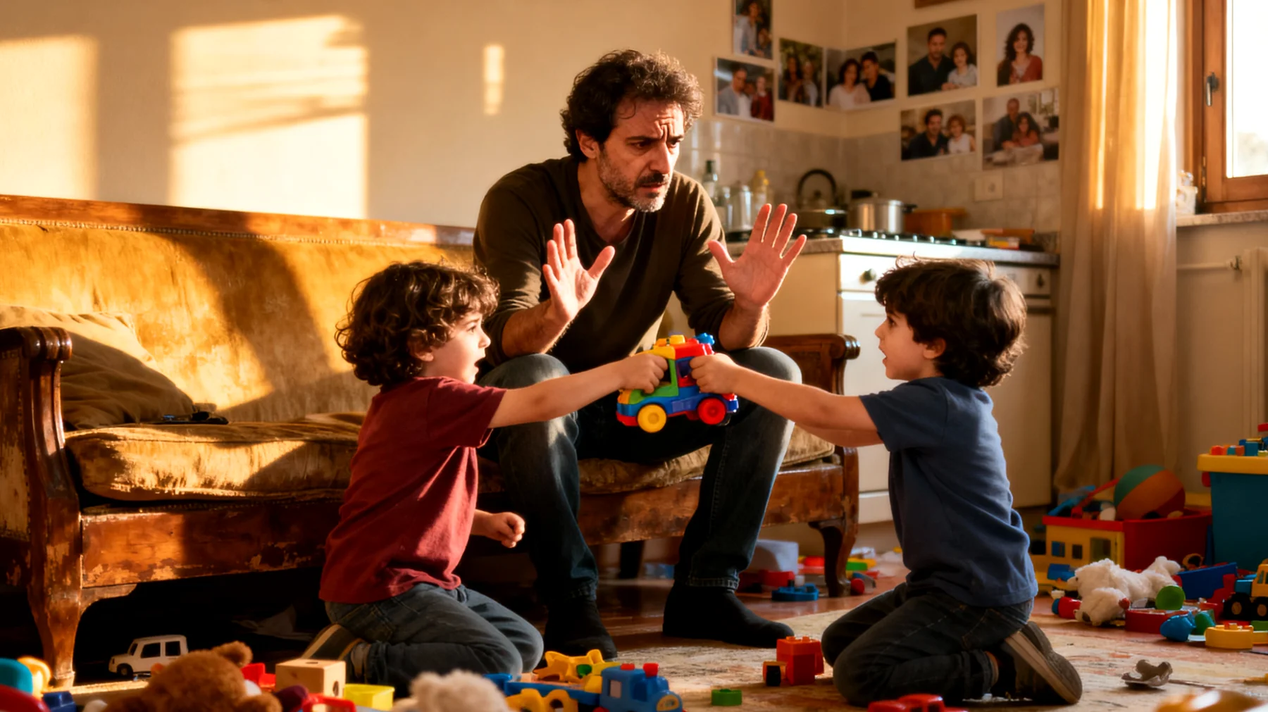 Un papà che fatica a gestire la gelosia e la rivalità tra i suoi bambini, che litigano continuamente per attirare la sua attenzione, si contendono giocattoli e spazi, e mostrano comportamenti regressivi o aggressivi l'uno verso l'altro"