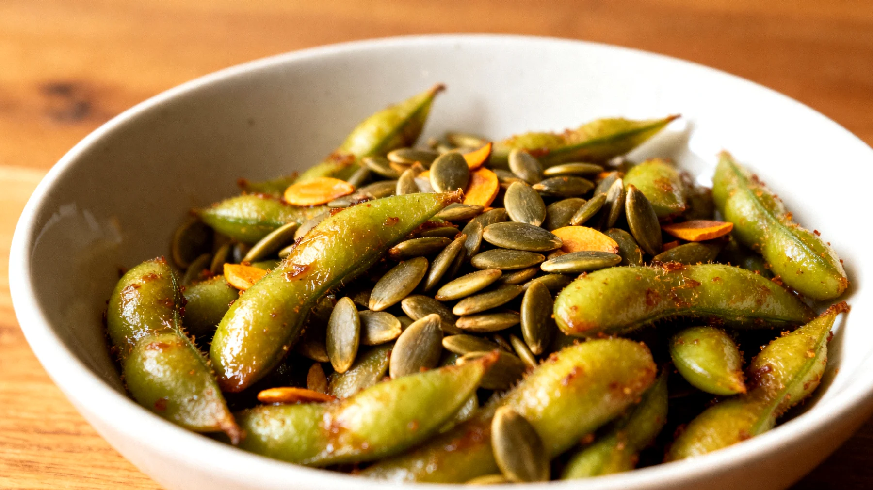 Edamame tostati con semi di zucca"