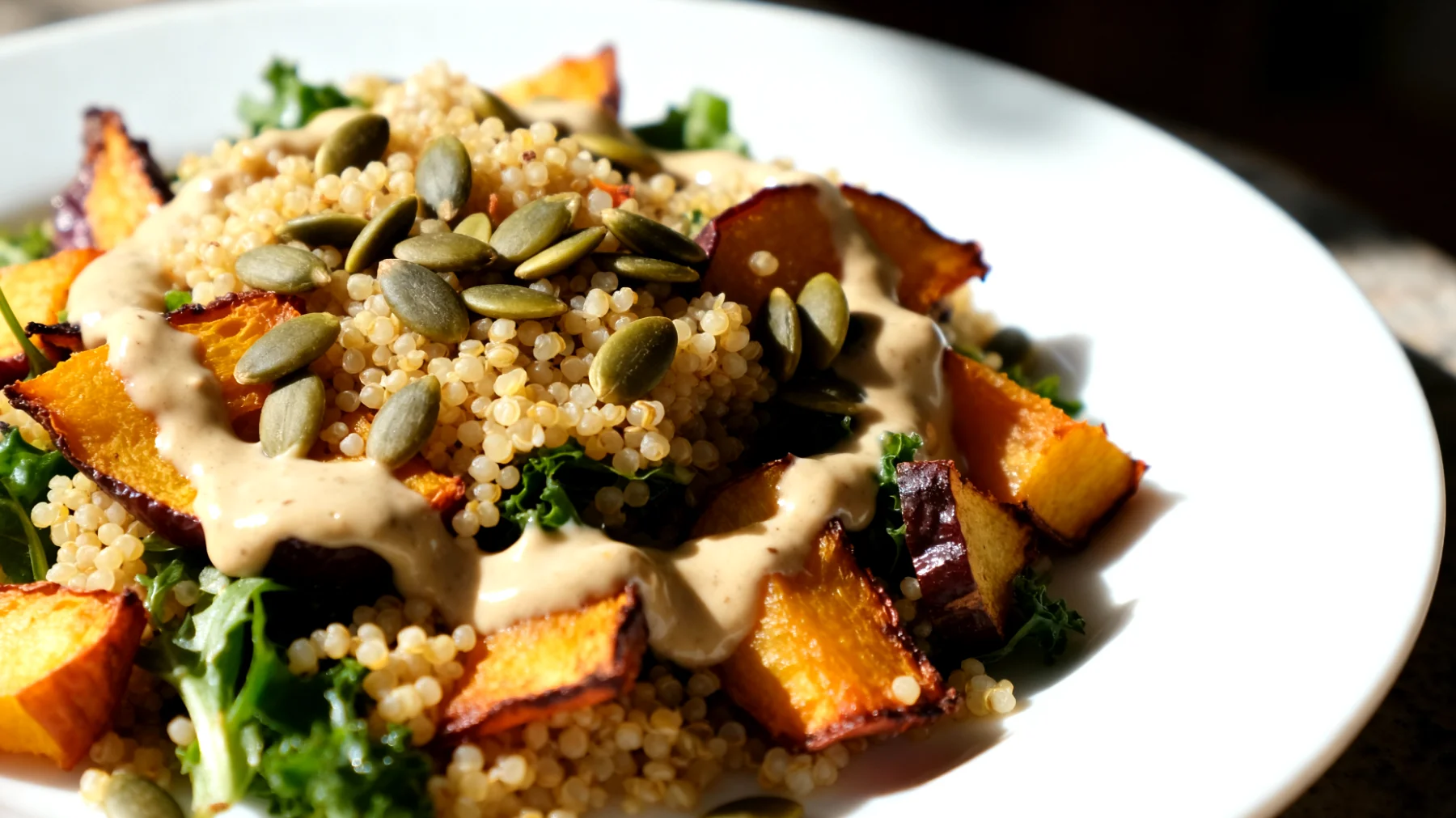 Insalata di miglio con verdure croccanti, semi di zucca e tahina"