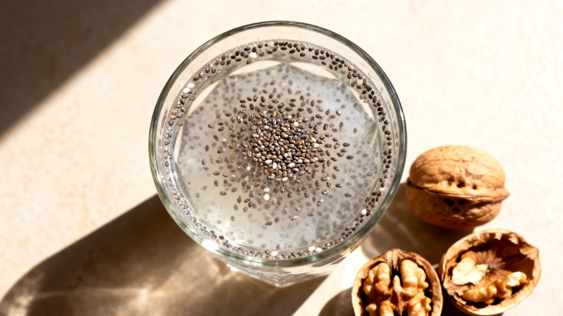 Kefir d'acqua con semi di chia e una manciata di noci"