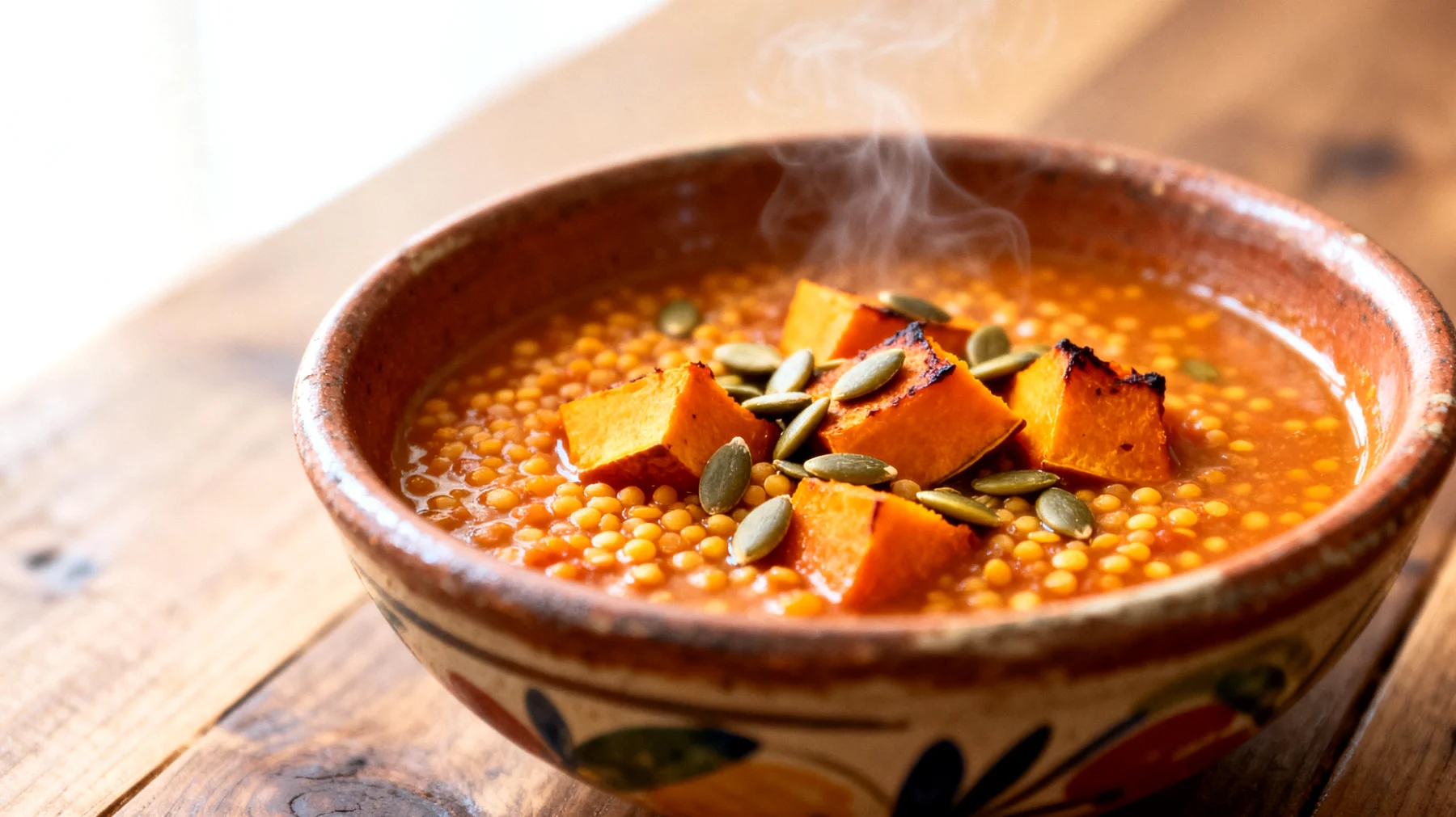 Zuppa di lenticchie rosse con zucca e semi di zucca"
