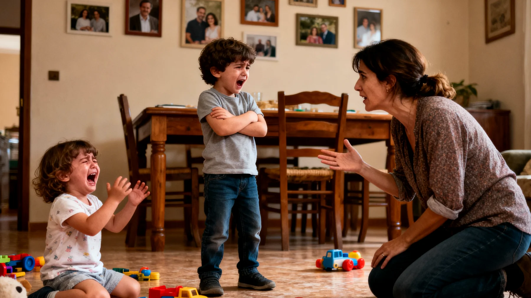 Una mamma si trova in difficoltà nella gestione dei comportamenti oppositivi e della ribellione dei suoi bambini piccoli, che manifestano capricci frequenti, rifiutano le regole quotidiane e reagiscono con collera e sfida alle sue richieste, creando tensione e frustrazione nel rapporto educativo."