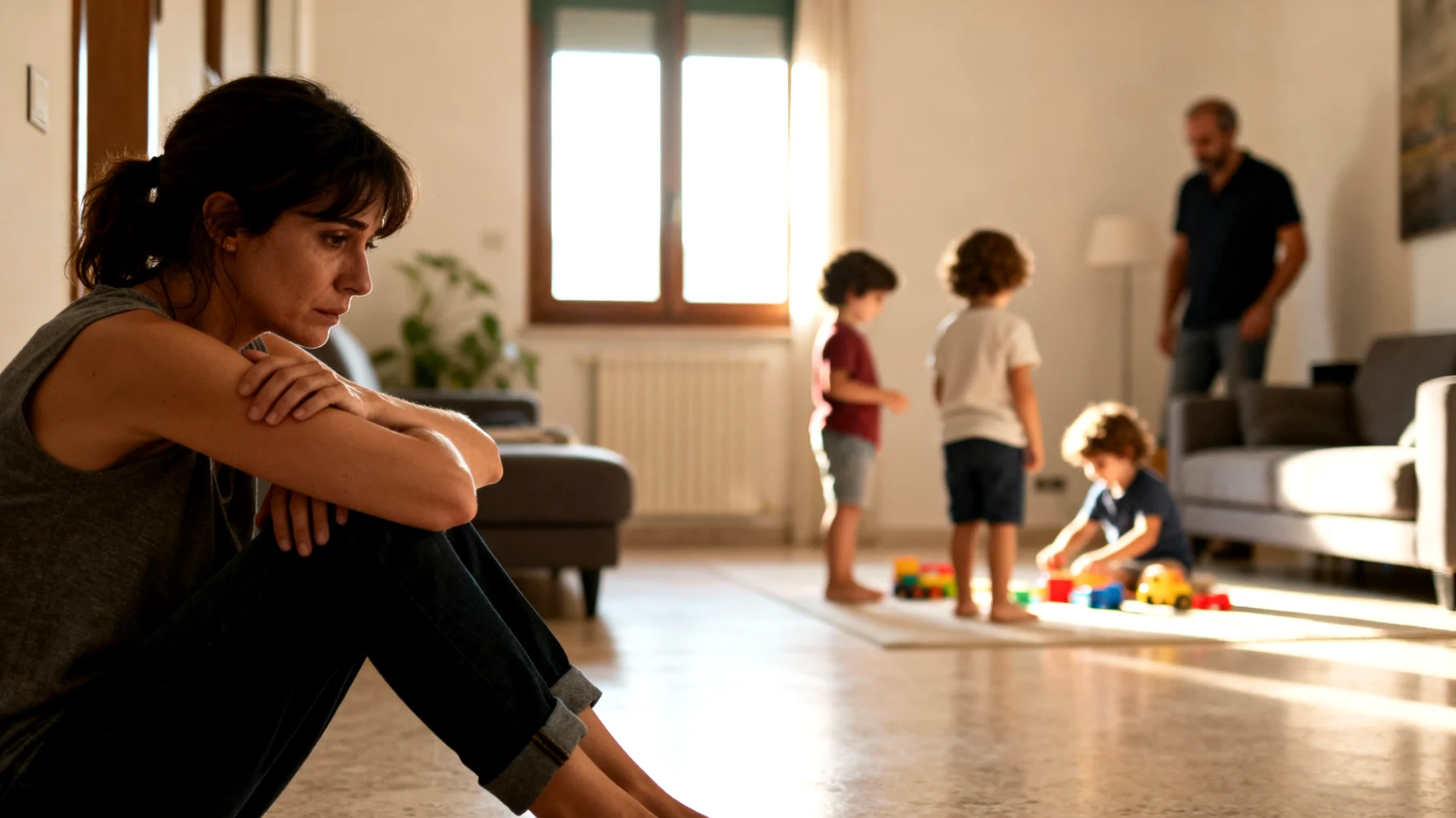 Una mamma di bambini piccoli vive con angoscia la paura di perdere il legame affettivo con i propri figli a causa degli impegni lavorativi, delle routine quotidiane sempre più frenetiche e della sensazione che i bambini stiano crescendo troppo in fretta, allontanandosi emotivamente da lei."